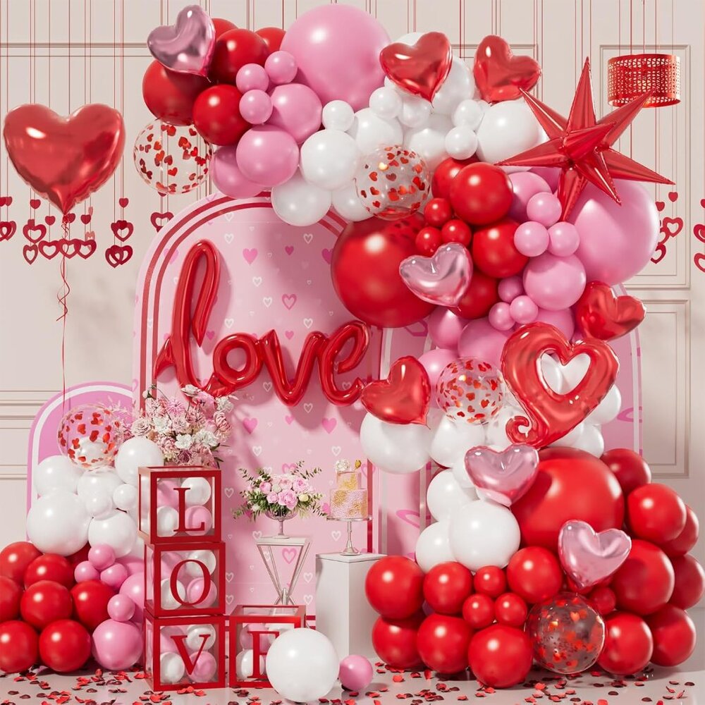 156pcs Valentines Day Balloon Arch Garland Kit with Pink White Red Confetti Hear